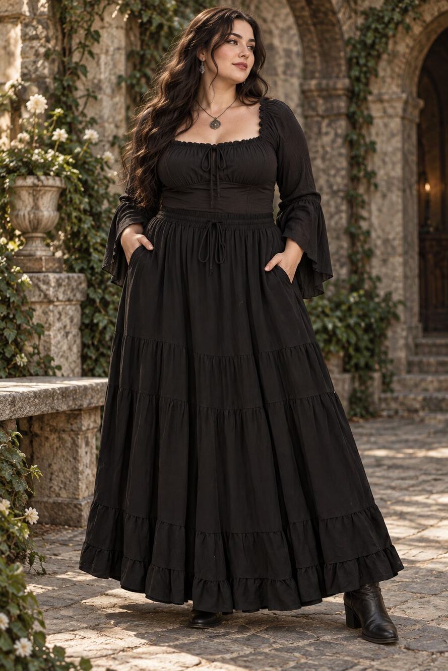 Scarlet Darkness Black Maxi Skirt 2XL Tiered Ruffled Pockets Soft Lyocell Flowy